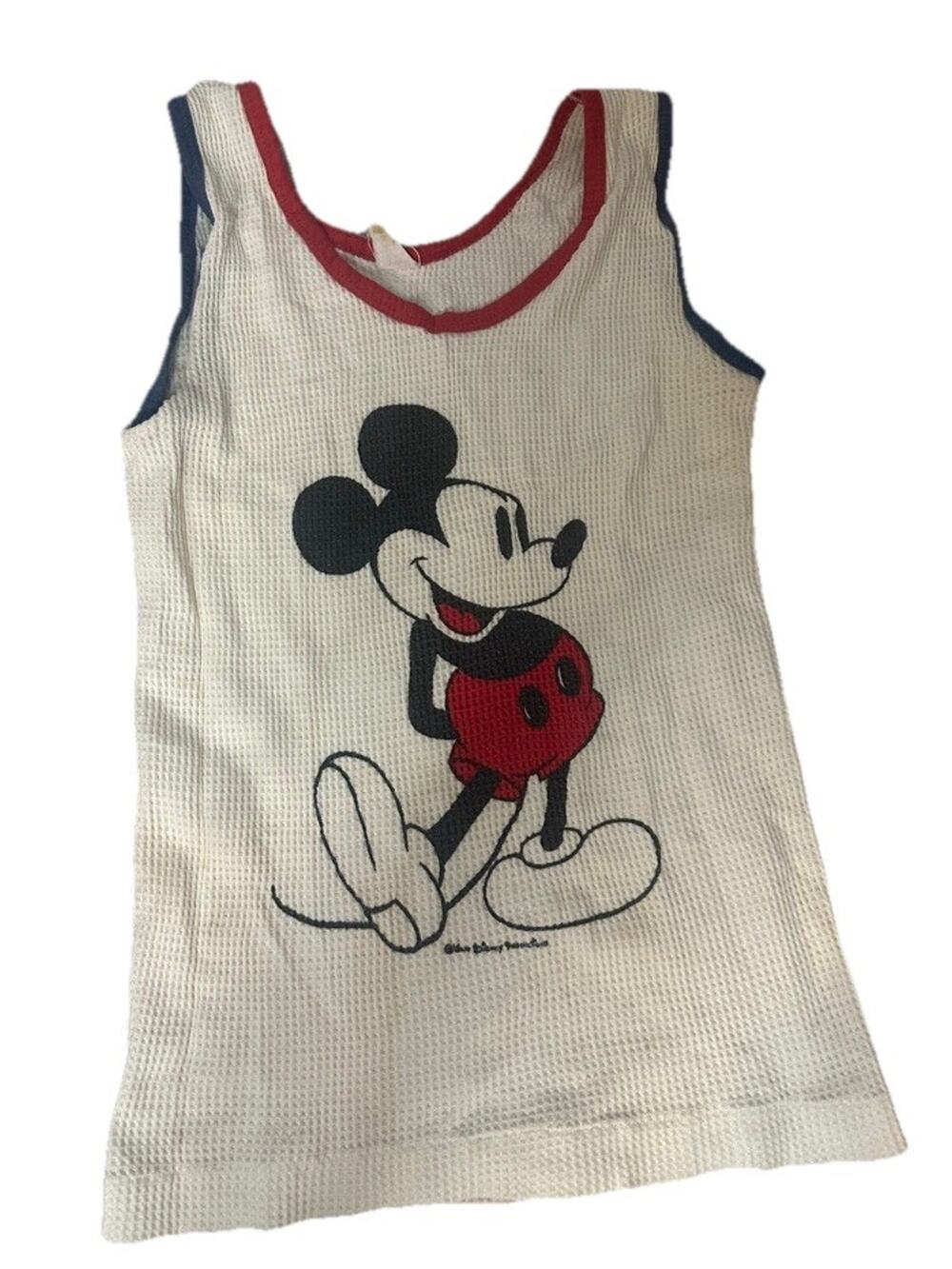 VTG 70s Walt Disney Waffle USA Mickey Mouse Tank Top Red White Blue Trim Unisex